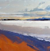 KARINA ROSANNE BARRETT acrylic on linen - coastal scene with distant houses and hills, entitled