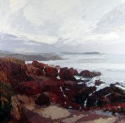 DAVID GROSVENOR oil on canvas - dramatic rocky coastalscape, signed and entitled label verso '