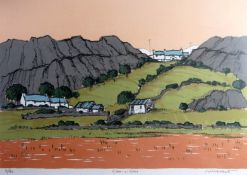 WILF ROBERTS coloured limited edition (6/95) print - cottages at Mynydd Bodafon, Anglesey, signed