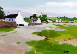 DONALD McINTYRE acrylic - whitewashed cottages with lane in foreground, Attic Gallery label verso