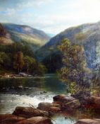 JOHN BRANDON SMITH oil on canvas - view from the river bed leading up into a valley with cattle