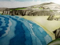 JOHN BRUNSDON limited edition (67/150) print - red roofed buildings in background, cliff face facing