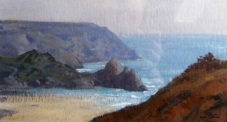 GARETH THOMAS oil on paper - view down to the beach and rocks at Three Cliffs Bay, Albany Gallery