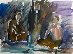 MARJORIE ARNFIELD mixed media - view of three figures in conversation entitled verso 'Miners Gala