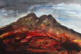 DAVID HUGHES mixed media - view of mountains entitled verso 'Garn Fawr', signed, 14 x 22 ins (35 x