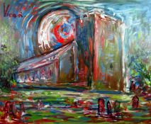 ANDREW VICARI oil on canvas - a view of Llangiwg Church, signed, 19 x 23 ins (48 x 59 cms)