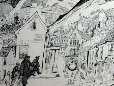 TOM HUTCHINSON pen and ink print - entitled 'A Welsh Mining Valley', signed and dated 1974, 14.5 x