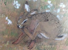CHARLES FREDERICK TUNNICLIFFE watercolour and pencil - drawing of a hare scratching its head in