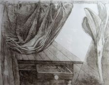 IVOR DAVIES monochrome limited edition (18/35) etching print - interior view with drapes and table