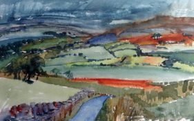 DORA HURST watercolour - lane leading down into valley with fields and farmland in background, 12