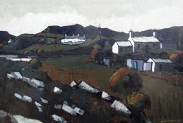 WILF ROBERTS oil on canvas - whitewashed Anglesey cottages and the surrounding landscape entitled