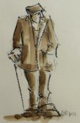 MIKE JONES watercolour and pencil - male figure with cap and walking stick, signed, 9.5 x 6.75