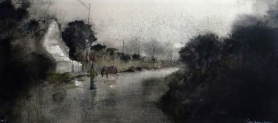 JOHN KNAPP-FISHER watercolour - figure standing in roadway with horse adjacent to whitewashed