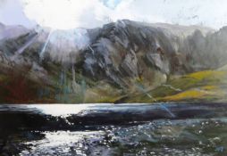 ALED PRICHARD JONES pastel - Snowdonia with sun break entitled verso, 'Light Over Idwal', signed