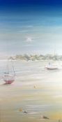 NICK JOHN REES acrylic on canvas - view of two yachts moored at low tide with rocks in background,