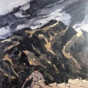 SIR KYFFIN WILLIAMS RA coloured limited edition (179/250) print - farmer with stick below a steep