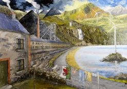 NIGEL MORGAN oil on board - political view of a Welsh landscape with mining to one side, wind
