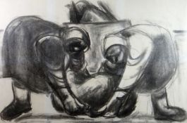 WILL ROBERTS charcoal - two female cockle pickers in traditional clothing loading a donkey drawn