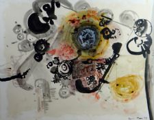 LESLIE MOORE watercolour - abstract with colourful circles, entitled verso 'Clicking Machine',