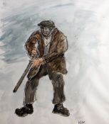 SIR KYFFIN WILLIAMS RA watercolour - farmer holding shotgun, Thackeray Gallery, London label verso