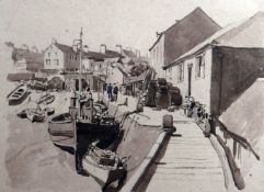 GYRTH RUSSELL pen and wash - Cornish harbour scene with boats moored and tied against the
