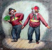JOHN ROBERTS mixed media - two clowns performing, Gillespie's label verso entitled 'Clowns &