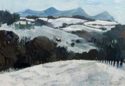 GWILYM PRICHARD watercolour - snowy winter scene of the Gwyrfai Valley looking towards Gwredog Isaf,