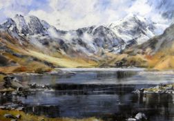 ALED PRICHARD JONES pastel - Snowdonia in winter entitled verso 'Lliwedd & Snowdon from Llydaw',