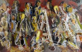JOHN UZZELL EDWARDS oil on board - abstract painting of large group of figures playing musical