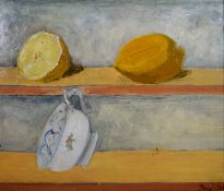 SARA JOHN oil on canvas - still life of a pomegranate, signed, 13.5 x 17.5 ins (35 x 45 cms), oil on