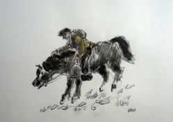 SIR KYFFIN WILLIAMS RA watercolour and pencil - farmer on horseback, signed with initials, 9.5 x