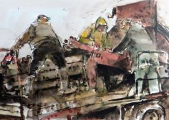 WILLIAM SELWYN watercolour - three busy potato harvesters on their machine, signed, 16 x 22 ins (