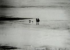 DONALD McINTYRE limited edition (2/10) print - two figures walking dogs on coastline, mounted but