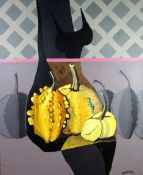 GOMER LEWIS acrylic on canvas - semi abstract/still life, entitled verso 'Gourds', signed (