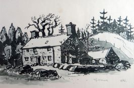 SIR KYFFIN WILLIAMS RA monochrome print - entitled 'Ty Mawr', unsigned, 11.5 x 17 ins (29 x 43 cms)