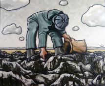 ALAN (E A) WILLIAMS acrylic on canvas - male bent forward on beach gathering seaweed into sack,