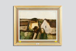 WILL ROBERTS oil on canvas - farmer and wife near outbuildings, signed with initials and entitled