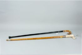 A walking cane with white metal mounts and curling snake handle with screw-off domed top opening
