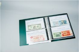A single folder containing a documented collection of various world bank notes including an old