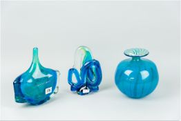 A Mdina fish vase, turquoise and mottled green swirling mix with raised textured panels, signed