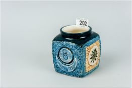 A Troika 'Marmalade' vase, overall blue ground with Aztec type patterned panels, Troika signature