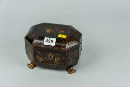 A Georgian hexagonal shaped papier mache tea caddy, the exterior with gilt chinoiserie style
