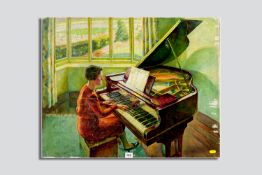 MILES BALMFORD SHARP (1897 - c.1980) oil on canvas, unframed - lady playing a grand piano, signed,