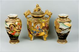 A late 19th Century Satsuma pottery garniture consisting of a large central pot and cover, 17 ins (