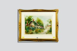 JOSEPH HUGHES CLAYTON watercolour - lane side thatched cottage with figures, signed, 10 x 14 ins (26