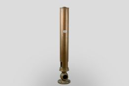 A brass tombstone ship's funnel whistle of cylindrical form on a circular bolt plate with ball valve