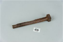 An original GWR bolt reputedly from Trawsfynydd, an iron threaded bolt with square head, impressed