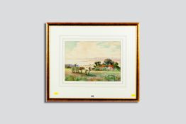 TOM LLOYD watercolour - expansive landscape and coastal scene with farmer, horses and cart, signed