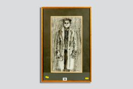 KAREL LEK charcoal study - standing lady with bag in hand, signed, 16.75 x 9 ins (43 x 23 cms)