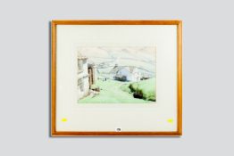 WILLIAM HEATON COOPER watercolour - lakeland farmstead with lady of the farm hanging out washing,